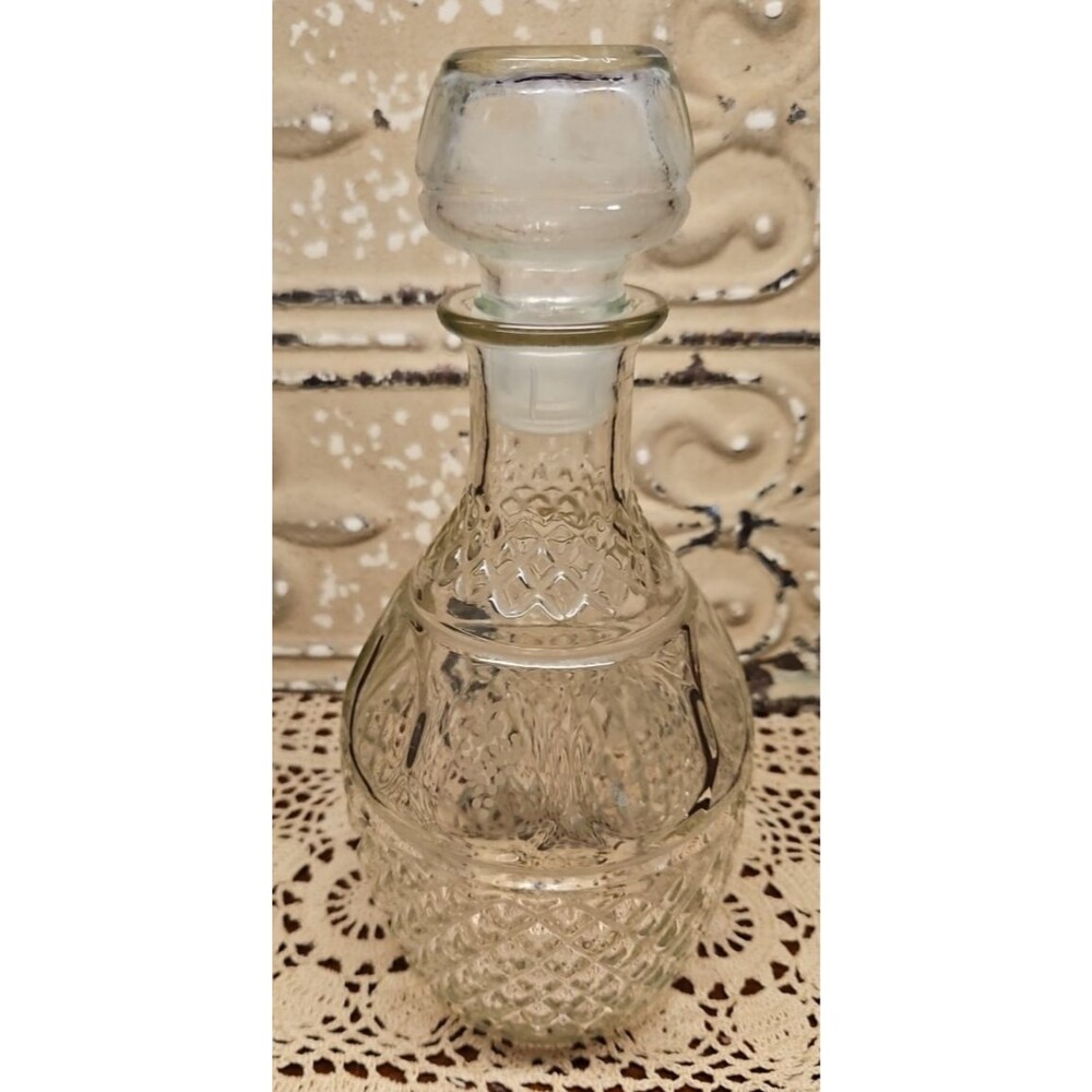Vtg Whiskey Decanter Pressed Glass w/ Stopper Crown Royal Grapes Etched (read)